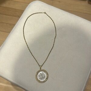 Trifari Crown Gold Tone Vintage Clear Lady And Flowers Pendant Necklace